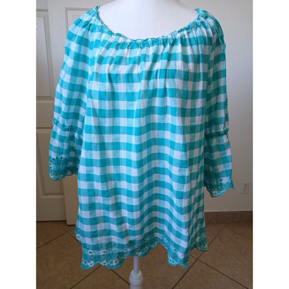 Intro‎ Womens Blouse Tunic Green White Plaid 3/4 Bell Sleeve Size 1X Embroidery - Picture 1 of 15